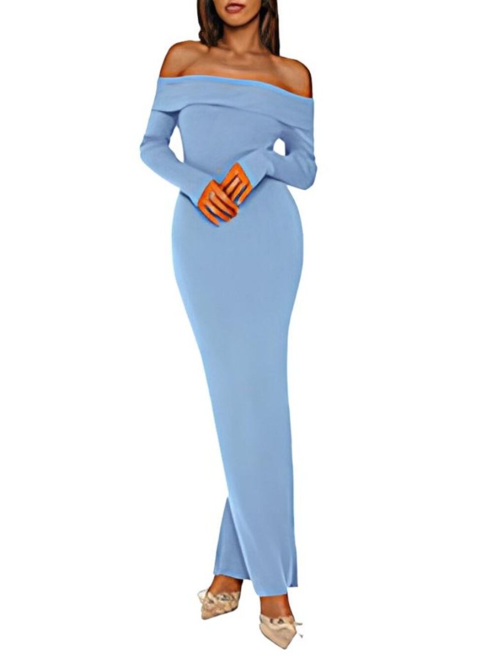 PrettyGarden XXL Blue Long Sleeve Off Shoulder Slit Maxi Bodycon Sweater Dress